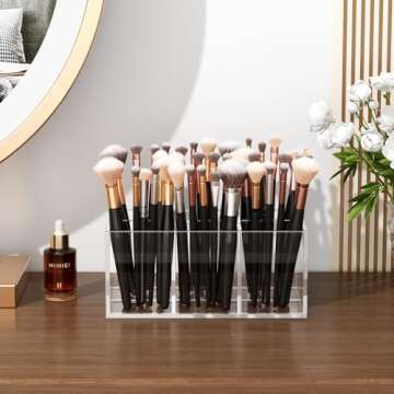 HIIMIEI Clear Makeup Brush Holder Organizer Acrylic 6-Slots Cosmetic Brushes Storage Organizer for Vanity Countertop