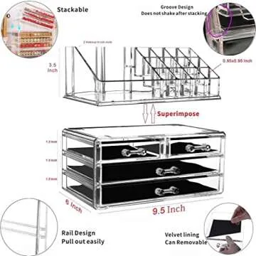 Cq acrylic Clear Makeup Organizer And Storage Stackable Skin Care Cosmetic Display Case With 4 Drawe...