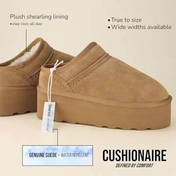 CUSHIONAIRE Women's Huggy Genuine Suede Cozy Mule Platform +Memory Foam, Wide Widths Available