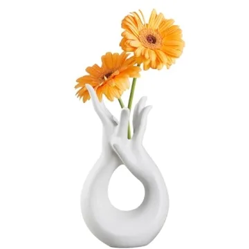 VECELO Minimalist White Ceramic Vase, Modern Hand Shaped Design for Elegant Decor