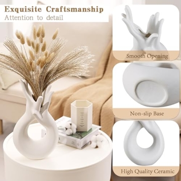 VECELO White Ceramic Vase – Modern Hand Shaped Elegance