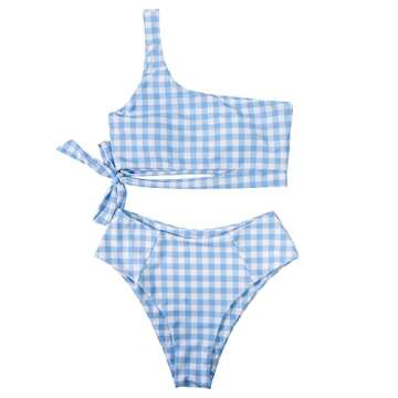 MOOSLOVER Women One Shoulder High Waisted Bikini Tie High Cut Two Piece Swimsuits(S,Blue Grid)