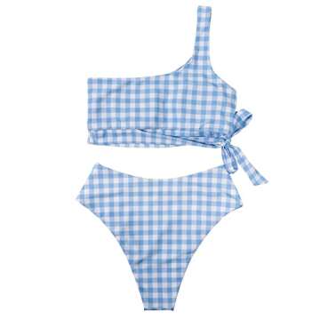 MOOSLOVER Women One Shoulder High Waisted Bikini Tie High Cut Two Piece Swimsuits(S,Blue Grid)
