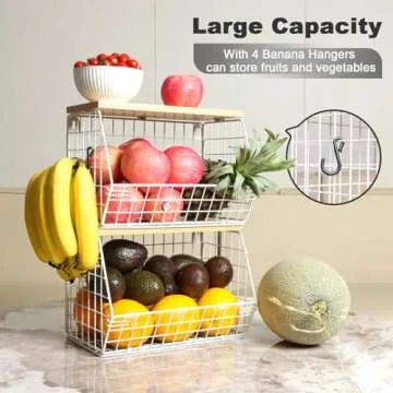 Mefirt Fruit Basket, 2-Tier Fruit Bowl for Kitchen Counter, Stackable Wall Mounted Fruit Storage, Snack Organizer, Potato and Onion Storage Basket, Hanging Pantry Storage with Wood Lid, 2 Set, White