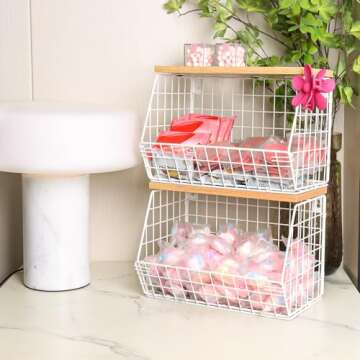 Mefirt Fruit Basket, 2-Tier Fruit Bowl for Kitchen Counter, Stackable Wall Mounted Fruit Storage, Snack Organizer, Potato and Onion Storage Basket, Hanging Pantry Storage with Wood Lid, 2 Set, White