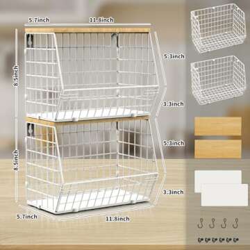 Mefirt Fruit Basket, 2-Tier Fruit Bowl for Kitchen Counter, Stackable Wall Mounted Fruit Storage, Snack Organizer, Potato and Onion Storage Basket, Hanging Pantry Storage with Wood Lid, 2 Set, White