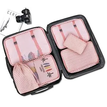 DIMJ Travel Packing Cubes, Luggage Packing Cubes Set with Sturdy Handle Luggage Cubes for Packing Lightweight Travel Clothes Organizer with Makeup Bag, 8 Pack (Pink Stripe)