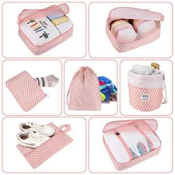 DIMJ Travel Packing Cubes, Luggage Packing Cubes Set with Sturdy Handle Luggage Cubes for Packing Lightweight Travel Clothes Organizer with Makeup Bag, 8 Pack (Pink Stripe)