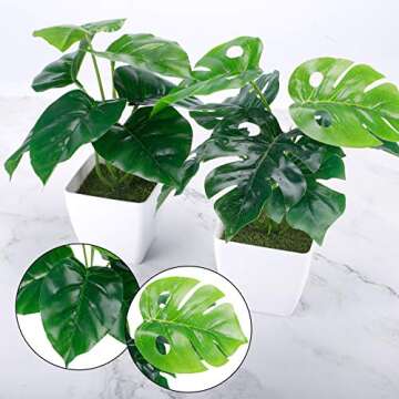 CEWOR 2 Pack Fake Plants Bathroom Desk Plants, Artificial Monstera Jangle Party Decoration Green Small Potted Plant for Shelf Home Luau Hawaiian Safari Party Office Windowsill Decor