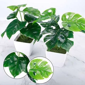 CEWOR 2 Pack Fake Plants Bathroom Desk Plants, Artificial Monstera Jangle Party Decoration Green Small Potted Plant for Shelf Home Luau Hawaiian Safari Party Office Windowsill Decor