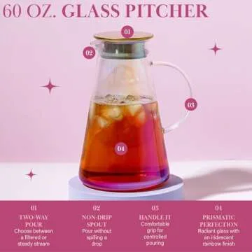Paris Hilton Iridescent Glass Pitcher with Gold Lid, Rainbow Finish on Temperature Safe Glass, Two Way Pour Lid with Anti-Drip Spout, Made without BPA, 1.8-Liters/60-Ounce, Rainbow Iridescent
