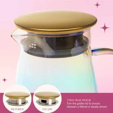 Paris Hilton Iridescent Glass Pitcher with Gold Lid, Rainbow Finish on Temperature Safe Glass, Two Way Pour Lid with Anti-Drip Spout, Made without BPA, 1.8-Liters/60-Ounce, Rainbow Iridescent