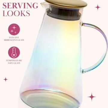 Paris Hilton Iridescent Glass Pitcher with Gold Lid, Rainbow Finish on Temperature Safe Glass, Two Way Pour Lid with Anti-Drip Spout, Made without BPA, 1.8-Liters/60-Ounce, Rainbow Iridescent