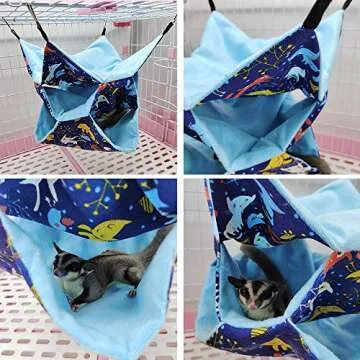Small Animal Hanging Hammock Pet Swinging Bed 3 Tier Sleep Nap Sack Cage Accessories Kit Set Tunnel Ferret Rat Cave Sugar Glider Hideouts Warm Bedding for Squirrel Guinea Pig (Bluecat Pattern)