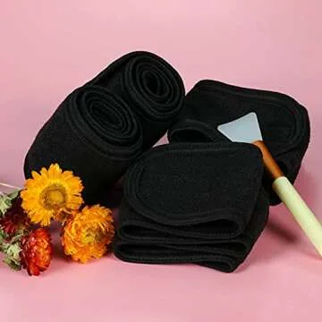 Facial Spa Headbands 4PCS, Makeup Shower Bath Wrap Sport Headband Terry Cloth Stretch Towel with Magic Tape (Black)