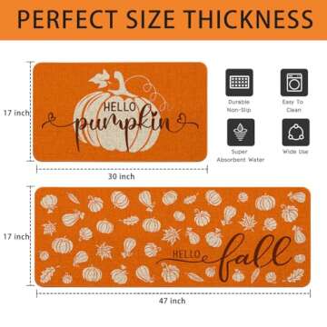 Ideasonna Hello Fall Pumpkin Kitchen Mat Set - Seasonal Kitchen Rugs for Home Decoration