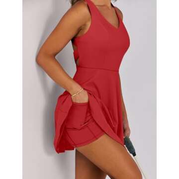 Caracilia Women Tennis Active Sporty Tank Dress with Shorts Workout Exercise Athletic Romper Mini Dresses Summer Golf Outfits Red