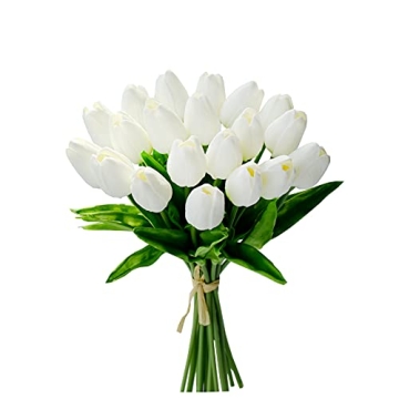 Mandy's 20pcs Pure White Artificial Tulip Silk Flowers 13.5" for Seasonal Decor, Home, and Weddings