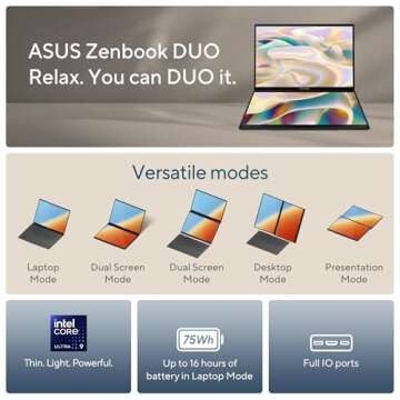 ASUS Zenbook Duo Laptop, Dual 14” OLED 3K 120Hz Touch Display, Intel Evo Certified, Intel Core Ult...