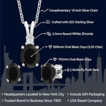 Gem Stone King 925 Sterling Silver Oval Black Onyx Pendant and Earrings Jewelry Set For Women (3.05 ...