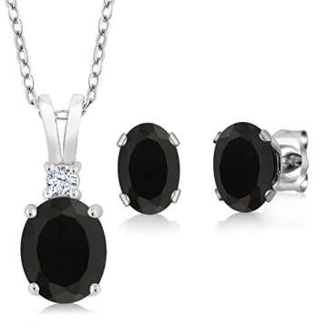 Gem Stone King 925 Sterling Silver Oval Black Onyx Pendant and Earrings Jewelry Set For Women (3.05 Cttw, Gemstone Birthstone, with 18 Inch Silver Chain)