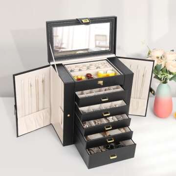 Kendal Extra Large Jewelry Box Jewelry Case PU Leather 6 Tier 5 Drawers Large Storage Capacity with Mirror Jewelry Storage Organizer Great Gift Also Good For Watches LJC-SHD5BK (black)