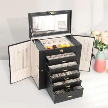 Kendal Extra Large Jewelry Box Jewelry Case PU Leather 6 Tier 5 Drawers Large Storage Capacity with Mirror Jewelry Storage Organizer Great Gift Also Good For Watches LJC-SHD5BK (black)