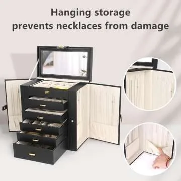 Kendal Extra Large Jewelry Box Jewelry Case PU Leather 6 Tier 5 Drawers Large Storage Capacity with Mirror Jewelry Storage Organizer Great Gift Also Good For Watches LJC-SHD5BK (black)