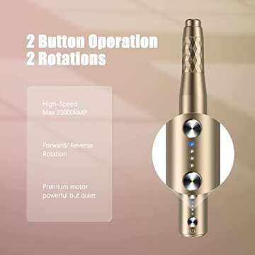 Portable Cordless Electric Nail Drill, Rechargeable Professional Nail File Kit for Acrylic,Gel Nails, Acrylic Nail Drill Manicure Pedicure Machine for Home Use(Gold)