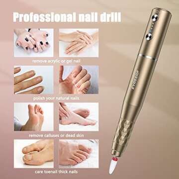 Portable Cordless Electric Nail Drill, Rechargeable Professional Nail File Kit for Acrylic,Gel Nails, Acrylic Nail Drill Manicure Pedicure Machine for Home Use(Gold)