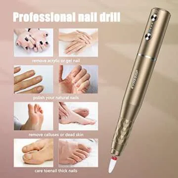Portable Cordless Electric Nail Drill, Rechargeable Professional Nail File Kit for Acrylic,Gel Nails, Acrylic Nail Drill Manicure Pedicure Machine for Home Use(Gold)