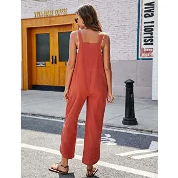 Mundoven Baggy Loose Linen Overalls for Women Dual Pockets Adjustable Straps Casual Bib Jumpsuit Suspender(0003-Red-L)