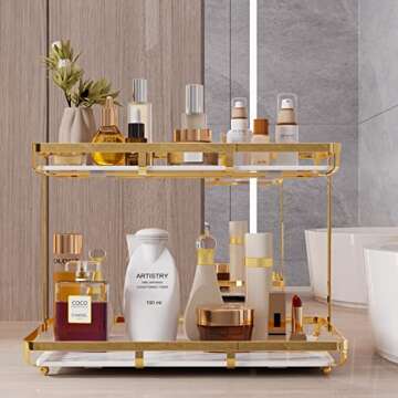 Hassol 2 Tier Bathroom Countertop Organizer, Premium for Makeup Organization and Storage, Vanity Trays, Skincare Organizers, Counter Trays, Perfume, Display, Kitchen, Lotion, Cosmetic Gold Shelf
