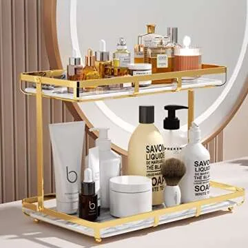 Hassol 2 Tier Bathroom Countertop Organizer, Premium for Makeup Organization and Storage, Vanity Trays, Skincare Organizers, Counter Trays, Perfume, Display, Kitchen, Lotion, Cosmetic Gold Shelf