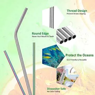 ANWBROAD Stainless Steel Straws Metal Straws Drinking Reusable Thickened - 10.5" Long Rainbow