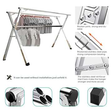 AIODE Clothes Racks for Hanging,94.5 inch for Stainless Steel Adjustable and Foldable Space Saving Laundry Clothes Drying Rack for Indoor Outdoor with Windproof Hooks