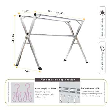 AIODE Clothes Racks for Hanging,94.5 inch for Stainless Steel Adjustable and Foldable Space Saving Laundry Clothes Drying Rack for Indoor Outdoor with Windproof Hooks