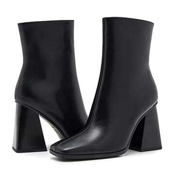 ZXHYZLZ Womens Black Chunky High Heel Boots - Zip Up, Square Toe, Ankle Booties Size 8