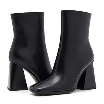 ZXHYZLZ Womens Black Chunky High Heel Boots - Zip Up, Square Toe, Ankle Booties Size 8