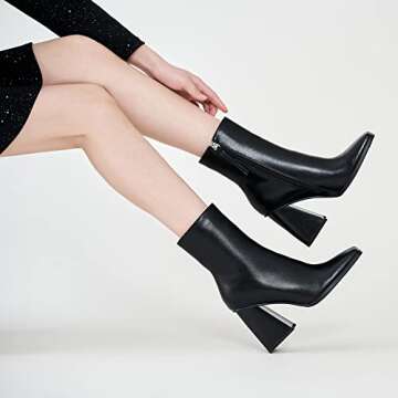 ZXHYZLZ Womens Black Chunky High Heel Boots - Zip Up, Square Toe, Ankle Booties Size 8