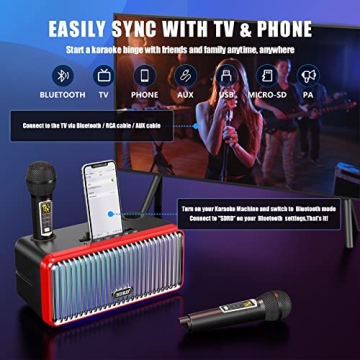 Portable Karaoke Machine with 2 Wireless Mics & LED
