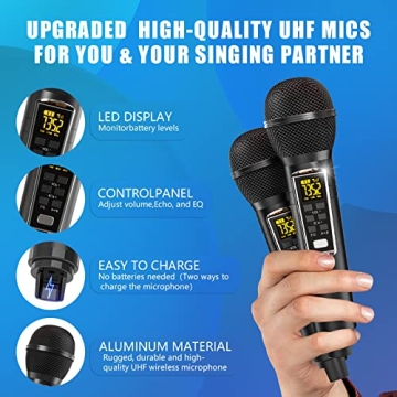 Portable Karaoke Machine with 2 Wireless Mics & LED