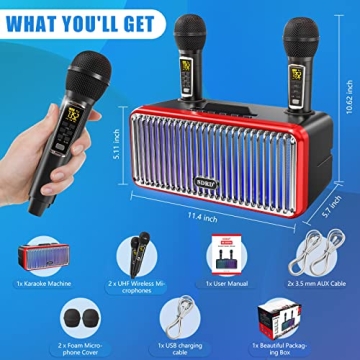 Portable Karaoke Machine with 2 Wireless Mics & LED