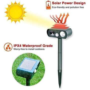 RIVENNA Ultrasonic Animal Chaser, Solar Animal Chaser, Motion Detector, Flashing Light and USB Charge, Outdoor Farm Garden Yard, Dog, Cat, Squirrel, Raccoon, Skunk, Rabbit, Mole, Deer, Birds