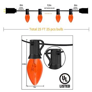 SUNSGNE C7 Orange Halloween Lights, 25Ft Outdoor Orange String Lights with 27 Clear Orange Bulbs(2 S...