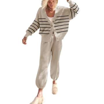 SAUKOLE 2 Piece Outfits for Women Loose Knit Cardigan and Baggy Pants Lounge Sweater Sets Fashion Sw...