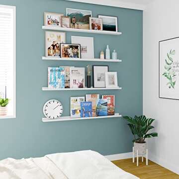 Wallniture Denver 46" White Floating Shelves for Wall Decor, Wall Bookshelves for Living Room, Floating Bookshelf, Wood Picture Ledge Shelf, Set of 4