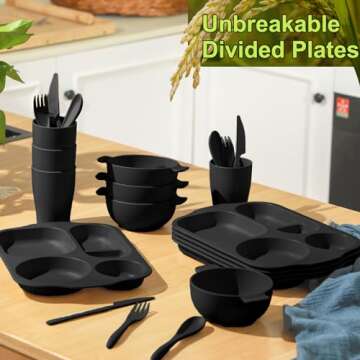 Honoson 24 Pcs Wheat Straw Dinnerware Cutlery Set Including Divided Plates Microwave Dishwasher Safe...