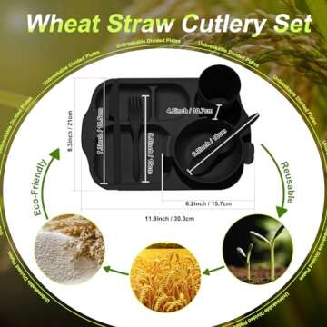 Honoson 24 Pcs Wheat Straw Dinnerware Cutlery Set Including Divided Plates Microwave Dishwasher Safe Bowl Unbreakable Tableware Straw Cutlery Spoon Knife Fork Cup(Black)