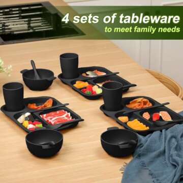 Honoson 24 Pcs Wheat Straw Dinnerware Cutlery Set Including Divided Plates Microwave Dishwasher Safe Bowl Unbreakable Tableware Straw Cutlery Spoon Knife Fork Cup(Black)